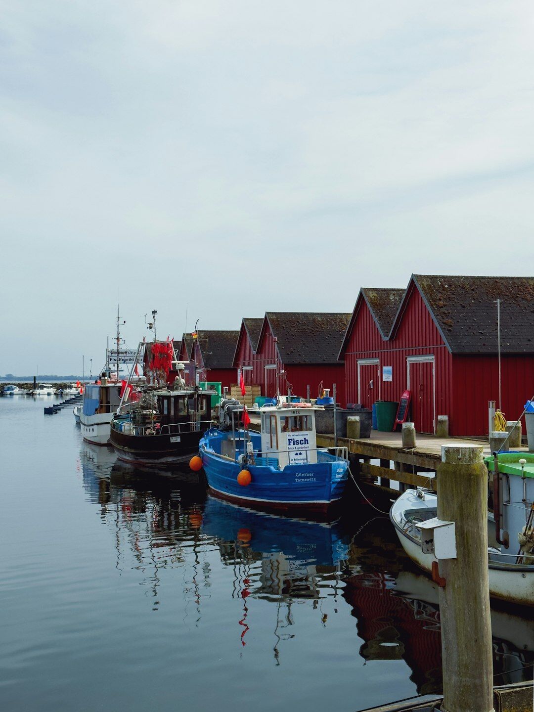 Small Danish fishing village with colorful houses by the harbor